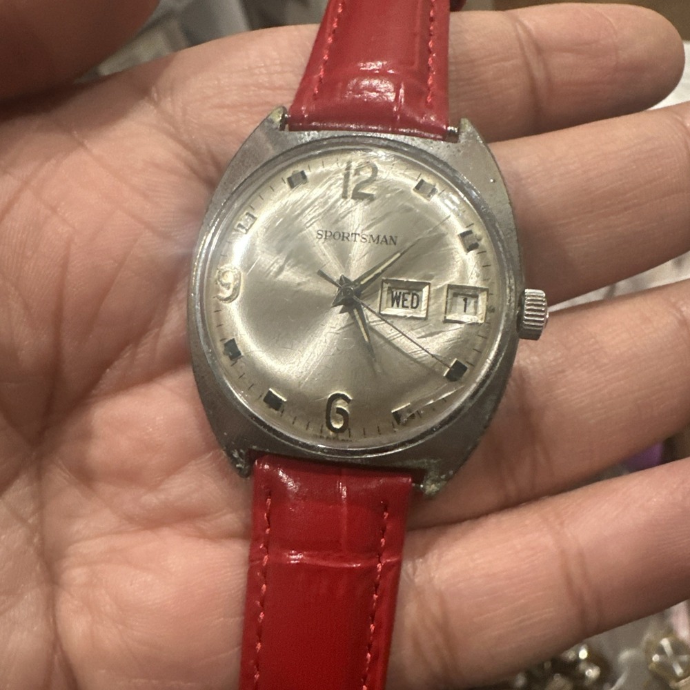 Working Vintage Sportsman Mens Day‎ Date Red Mechanical Watch Germany 34mm Fit 8